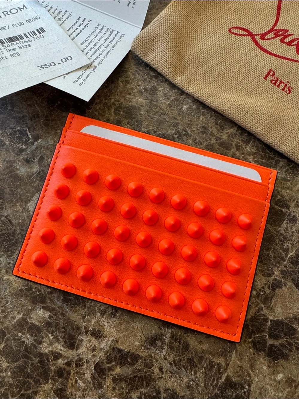 Christian Louboutin kios neon orange spike wallet card case with bag